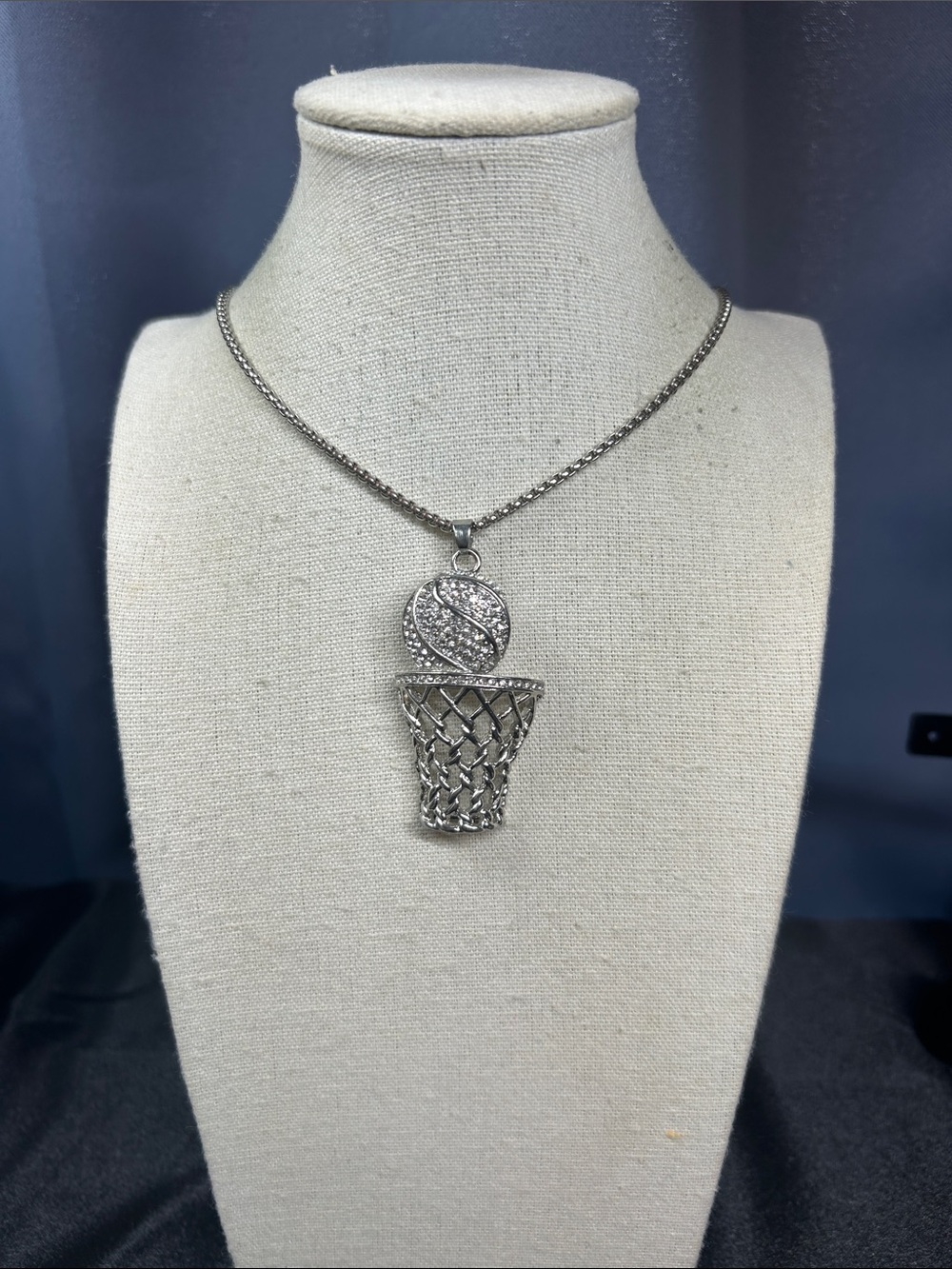Silver-Tone and Rhinestone Basketball & Hoop Necklace